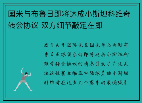 国米与布鲁日即将达成小斯坦科维奇转会协议 双方细节敲定在即 国米与布鲁日即将达成小斯坦科维奇转会协议 双方细节敲定在即