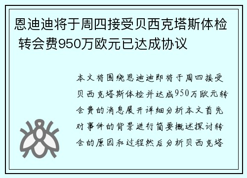 恩迪迪将于周四接受贝西克塔斯体检 转会费950万欧元已达成协议 恩迪迪将于周四接受贝西克塔斯体检 转会费950万欧元已达成协议