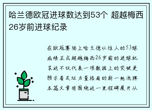 哈兰德欧冠进球数达到53个 超越梅西26岁前进球纪录 哈兰德欧冠进球数达到53个 超越梅西26岁前进球纪录